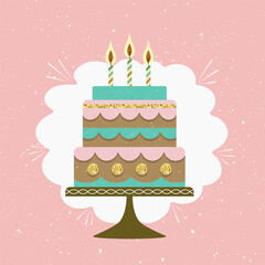 Birthday cake with candles. Flat design with grunge texture. Holiday card design. Vector illustration.