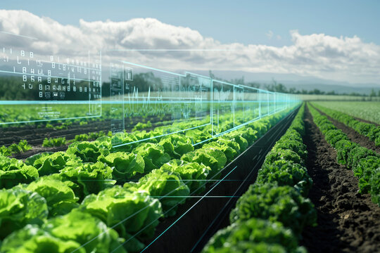 A lettuce field with rows of crisp green lettuce.