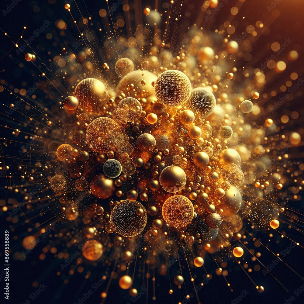 Poster golden spheres bursting forth in a vibrant display
