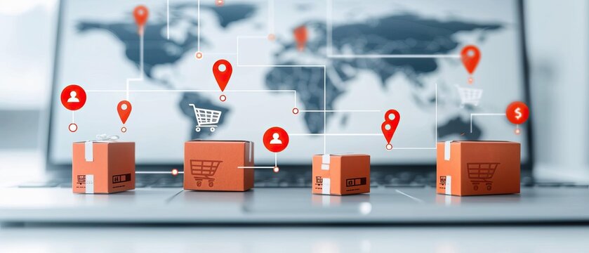Global shipping concept showcasing boxes with e-commerce symbols on a laptop display showing a world map with distribution icons.