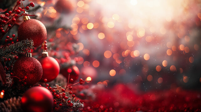Christmas background with xmas tree, red ornaments and glowing golden bokeh lights on red canvas background. Merry christmas card. Winter holiday theme. Happy New Year. Space for text. - Powered by Adobe