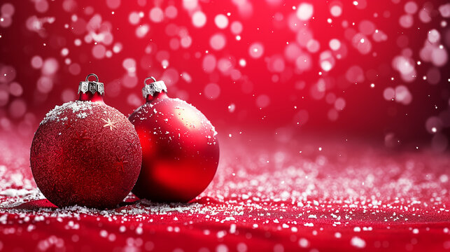 Christmas background with xmas tree, red ornaments and glowing golden bokeh lights on red canvas background. Merry christmas card. Winter holiday theme. Happy New Year. Space for text.