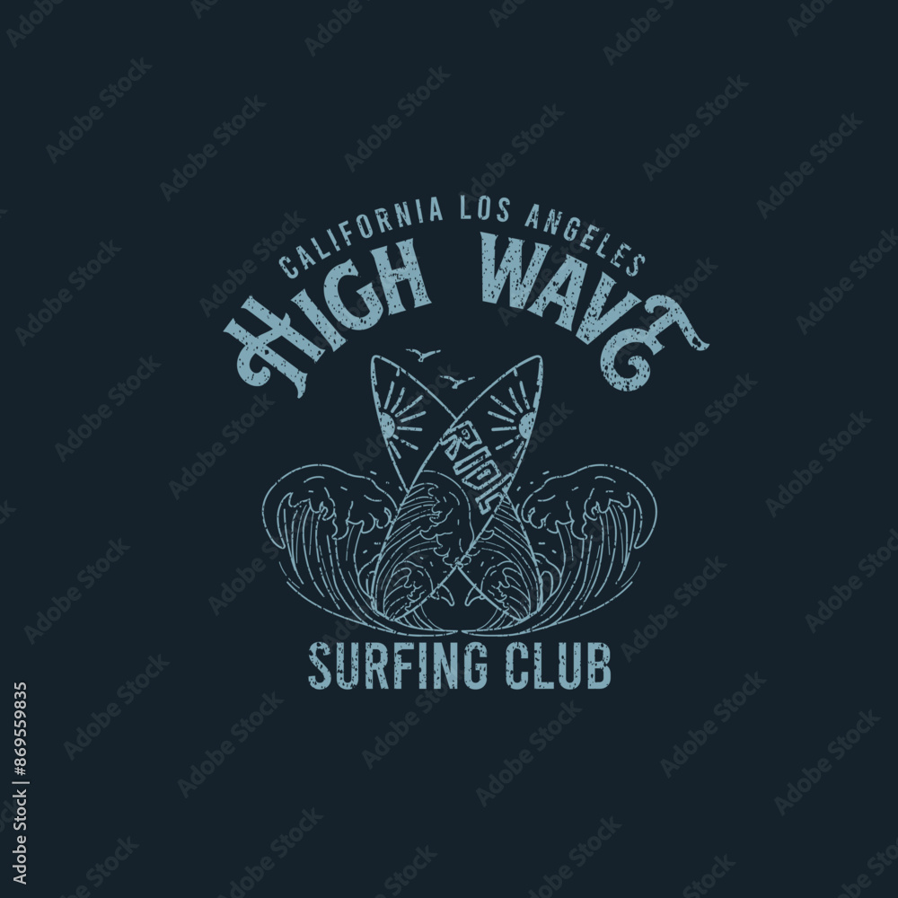 Wall mural vintage High wave Surfing Club typography summer beach graphic tee - Wall murals