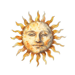 Watercolor illustration of the sun on white background
