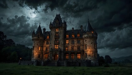 Obraz premium The eerie atmosphere of a haunted castle on a stormy night ai_generated