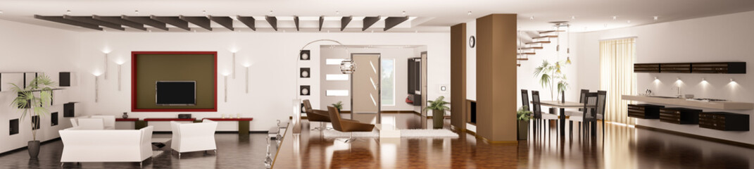 Modern apartment interior panorama 3d render