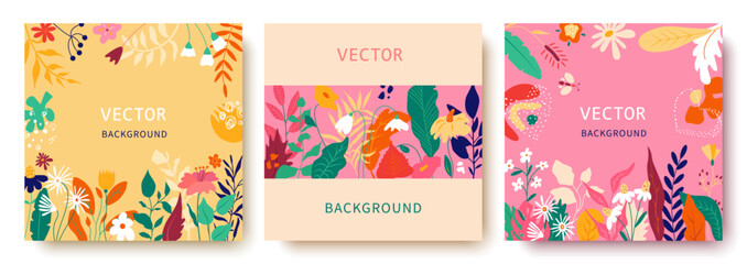 Fototapeta premium Vector set of floral backgrounds. Banners, posters, cover design templates, social media stories wallpapers with flowers.