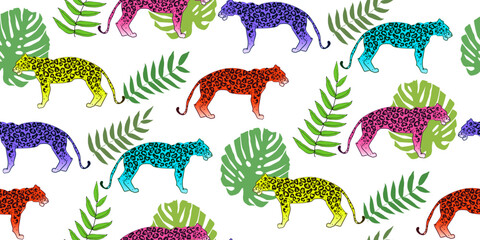 Naklejka premium Beautiful leopard animal. Tropical seamless pattern with big wild cats on white. Texture leopard animal wild. Cute flat style. Perfect for textile, wallpapers, web page background. Vector illustration