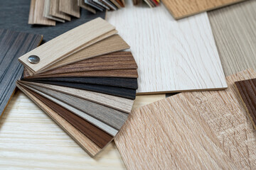 close up combination of wooden or laminated  sample isolated on white background