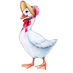 watercolor illustration of goose with bonnet hat