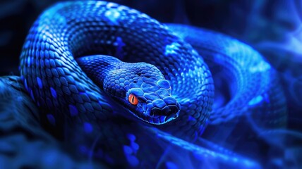 Obraz premium Vivid blue snake with red eyes, coiled menacingly under dark, eerie light