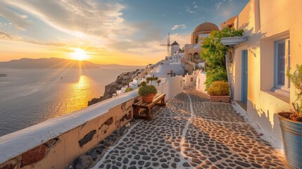 Fototapeta premium Santorini's Enchanting Vistas: Iconic White Buildings and Azure Seas of a Greek Island Paradise