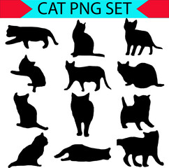 Collection of 12 cat silhouette vector illustrations, showcasing diverse feline poses sitting, standing,png
