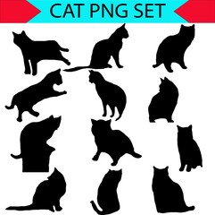 Collection of 12 cat silhouette vector illustrations, showcasing diverse feline poses sitting, standing,png