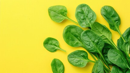 Obraz premium Fresh spinach leaves on bright yellow background