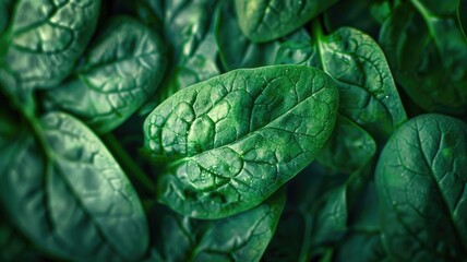 Fototapeta premium Fresh spinach leaves with water droplets, close-up detail