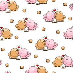 Cute kawaii pomeranian dog. Seamless pattern. Cartoon character. Vector drawing. Design ornaments.