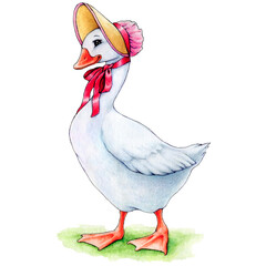 watercolor illustration of goose with bonnet hat on grass