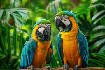 Obraz premium A Wild Macaw Meets Its Domestic Counterpart in the Rainforest A Colorful Confrontation of Two Beautiful Birds This Stunning Image Captures the Beauty of Nature's Diversity and the Power of Color in