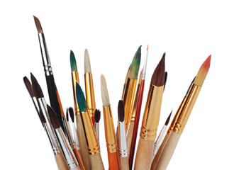 Fototapeta premium Many different paint brushes on white background