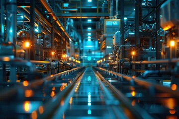 Modern industrial factory with advanced machinery and bright lights, showcasing a high-tech production environment.