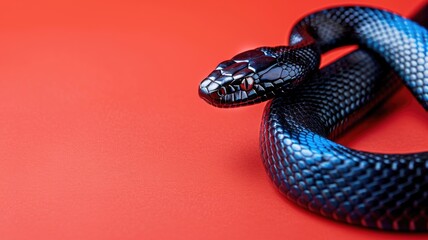 Fototapeta premium Black snake on red surface with shiny scales wrapped in coil