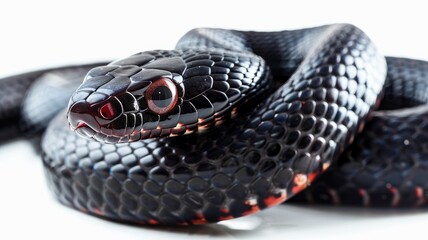 Close-up of black snake coiled with orange marking