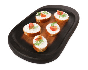 Delicious bruschettas with fresh ricotta (cream cheese), tomato and dill isolated on white