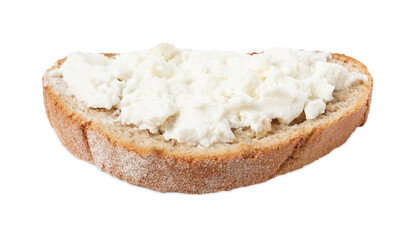 Delicious fresh ricotta (cream cheese) on piece of bread isolated on white