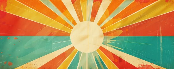 Retro sun graphic with bright colors and vintage textures, creating a trendy and nostalgic background.