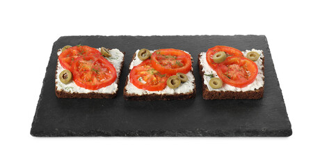 Delicious ricotta bruschettas with sliced tomatoes, olives and greens isolated on white