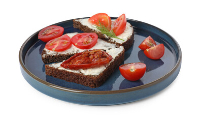 Delicious bruschettas with ricotta cheese, dill, fresh and sun dried tomatoes isolated on white