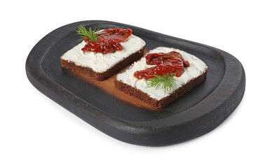 Delicious bruschettas with ricotta cheese, sun dried tomatoes and dill isolated on white
