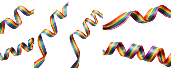 Curly rainbow ribbon design colorful border on transparent background, celebrating diversity and pride with waving LGBTQ flag