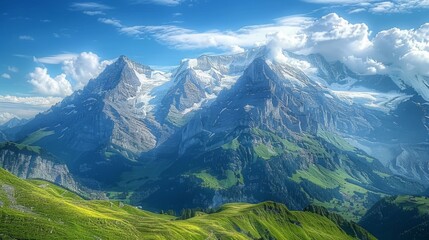 Fototapeta premium Enchanting Swiss Alps Panorama: Towering Peaks, Snow-Capped Summits, and Lush Valleys Invite Adventure and Wonder