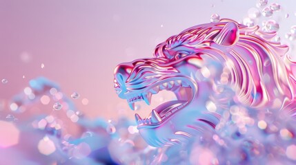 AI-enhanced image of the Merlion with holographic water, digital art, bright colors, high-tech and mythical