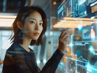 Contemplative Female Entrepreneur Scrutinizing Social Media Data Graph in High Tech Office