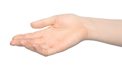 Woman showing hand on white background, closeup