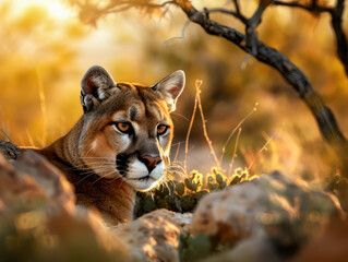 Mountain Lion and Dog Encounter in Rocky Terrain A Stunning Wildlife Photograph Capturing a Moment of Intrigue and Unexpected Proximity in Nature's Wilderness