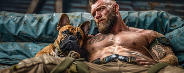 Muscular Man with Dog in Forest, Intense Stare, Fierce Expression, Gritty Background, Action Pose, Strong Man, Dog Companion, Loyal Pet, Nature Setting, Adventure Theme, Man and Dog, Powerful Image,