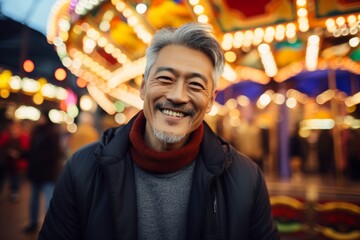 Obraz premium Portrait of a blissful asian man in his 60s dressed in a comfy fleece pullover isolated on vibrant amusement park