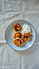 sweet breakfast, pancakes with yogurt, top view without people, minimalism
