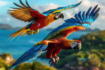 Two Macaws in Flight, Majestic Birds, Colorful Feathers, Parrot, Tropical Paradise, Exotic Birds, Flying Birds, Bird Photography, Nature Photography, Wildlife Photography, Bird Images, Macaw