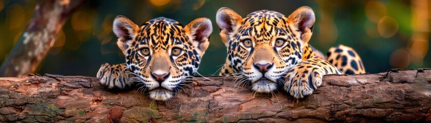 Two Adorable Jaguar Cubs Resting on a Branch in the Rainforest, Displaying the Majestic Beauty and Endangered Status of This Exotic Species, A Symbol of the Fragile Ecosystem and the Importance of