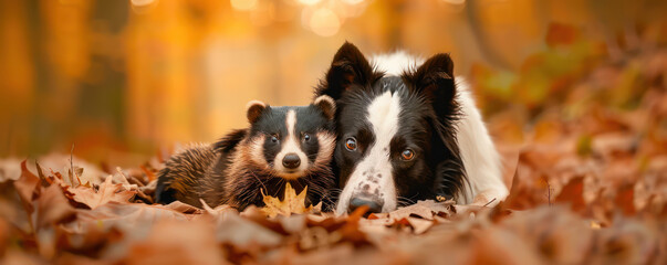 Obraz premium Unlikely Friends Badger and Dog Share Intense Eye Contact in Autumn Woodland, A Moment of Connection in Nature's Embrace