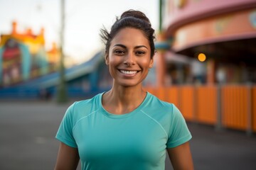 Portrait of a grinning indian woman in her 20s wearing a moisture-wicking running shirt isolated on vibrant amusement park