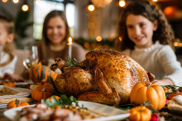 Close up photo of served table thanks giving dinner. thanksgiving family dinner. turkey close up