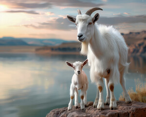 Fototapeta premium Wild Goat and Pet Goat on a Cliffside Nature's Mirror Reflecting Harmony and Connection, Stunning Wildlife Photography