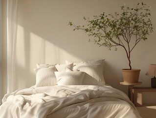 Serene and Inviting Contemporary Bedroom with Muted Earthy Tones and Natural Illumination