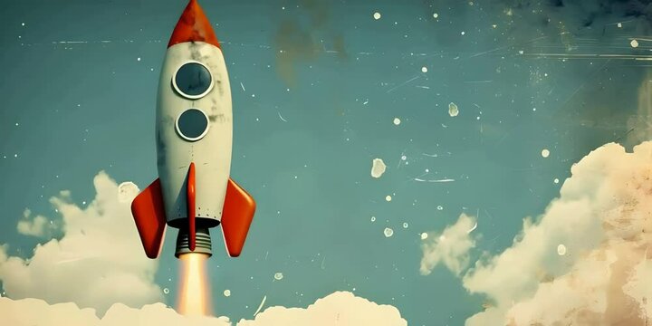 A retro-style video featuring a rocket launching into space capturing the nostalgic charm of vintage design with a futuristic theme